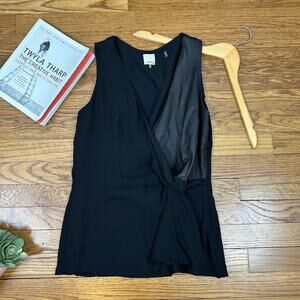 Ecru Black Silk & Leather Sleeveless Blouse